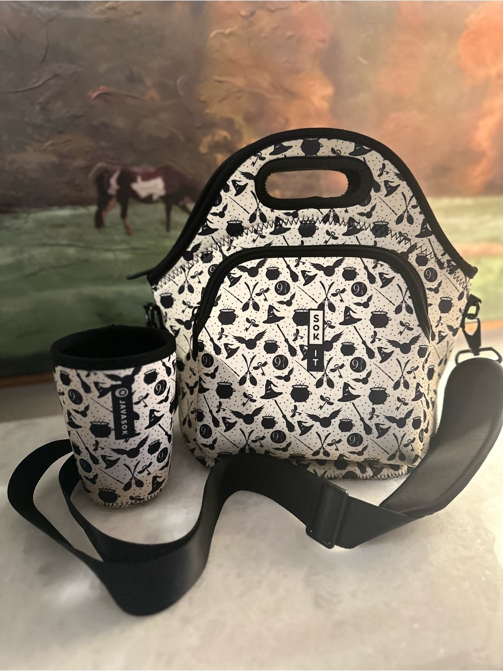 SOK IT Harry Potter Black & White Patterned Lunch Bag with 22-28oz drink cozy.